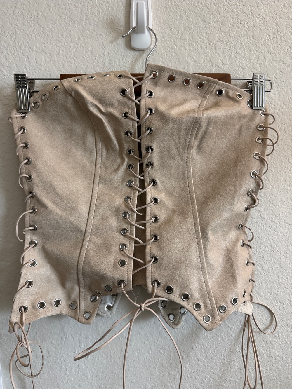 Lace-Up Leather Corset Top in Light Beige